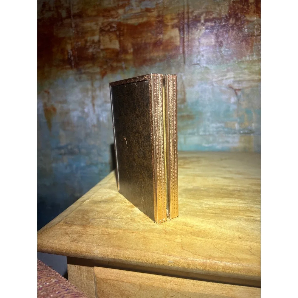 Vintage Folding Double Picture Frame Brown Gold Metal Faux Leather Book Style
